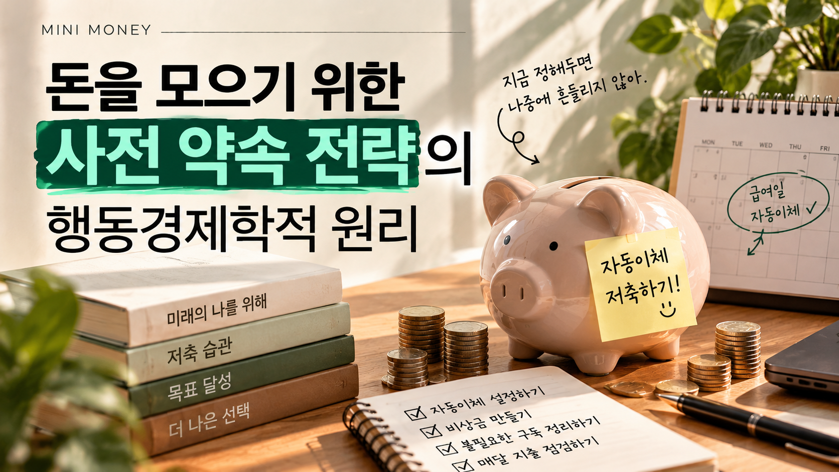 # 돈을 모으는 사전 약속 전략이란? 저축을 지속하게 만드는 행동경제학의 원리 매달 월급을 받으면 일정 금액을 저축하겠다고 결심하지만, 막상 월말이 되면 통장에 남은 돈이 거의 없는 경우가 있습니다. 분명 저축할 생각이 있었는데 예상하지 못한 지출이 생기거나 사고 싶은 물건이 나타나면서 계획이 달라지는 것입니다. 이러한 상황은 단순히 의지력이 부족해서 발생하는 문제라고만 볼 수 없습니다. 사람들은 미래의 이익보다 현재의 만족을 더 중요하게 생각하는 경향이 있기 때문입니다. 행동경제학에서는 이러한 문제를 해결하기 위한 방법으로 **사전 약속 전략(Precommitment Strategy)**을 연구합니다. 사전 약속 전략은 미래의 자신이 계획을 쉽게 바꾸지 못하도록 미리 선택 환경이나 행동 규칙을 설정하는 방법입니다. 이번 글에서는 사전 약속 전략이 저축 습관에 도움이 되는 이유와 일상에서 활용할 수 있는 방법을 알아보겠습니다. ## 1. 사전 약속 전략이란 무엇일까? 사전 약속 전략은 미래에 특정 행동을 실천할 수 있도록 현재 시점에서 미리 규칙이나 제약을 만드는 방법입니다. 예를 들어 매달 30만 원을 저축하겠다고 마음먹는 것과 급여일마다 30만 원이 자동으로 저축 계좌에 이체되도록 설정하는 것은 차이가 있습니다. 첫 번째 방법은 매달 저축 여부를 새롭게 결정해야 합니다. 반면 두 번째 방법은 처음에 자동이체를 설정하면 이후에는 별도로 행동하지 않아도 계획된 저축이 이루어집니다. 이러한 구조는 저축 결정을 반복해야 하는 부담을 줄이는 데 도움이 될 수 있습니다. 사전 약속의 핵심은 미래의 선택을 완전히 없애는 것이 아니라, 자신이 세운 장기적인 목표를 지키기 쉽게 만드는 데 있습니다. ## 2. 현재 편향은 저축을 왜 어렵게 만들까? 사전 약속 전략을 이해하려면 현재 편향(Present Bias)이라는 개념을 알아야 합니다. 현재 편향이란 사람들이 미래에 얻을 수 있는 이익보다 지금 당장 얻는 만족을 상대적으로 크게 평가하는 경향을 말합니다. 예를 들어 현재 5만 원을 소비하는 것과 5만 원을 저축해 미래에 사용하는 것 사이에서 고민한다고 가정해 보겠습니다. 저축이 장기적으로 중요하다는 사실을 알고 있더라도 지금 구매하고 싶은 상품이 있다면 소비를 선택할 수 있습니다. 문제는 이러한 선택이 반복될 때 나타납니다. 한 번의 작은 소비는 큰 문제가 아니더라도 매번 현재의 만족을 우선하면 장기적인 저축 목표를 달성하기 어려워질 수 있습니다. 사전 약속 전략은 이러한 현재 편향에 대응하기 위해 활용할 수 있는 방법입니다. ## 3. 자동이체가 저축 습관에 도움이 되는 이유 자동이체는 일상에서 쉽게 실천할 수 있는 사전 약속 전략 중 하나입니다. 예를 들어 월급이 들어오는 날 다음과 같이 돈을 나누어 관리한다고 가정해 보겠습니다. | 항목 | 금액 | |---|---:| | 월급 | 2,000,000원 | | 자동 저축 | 300,000원 | | 생활비 및 기타 지출 | 1,700,000원 | 월급을 받은 뒤 남은 돈을 저축하는 방식에서는 생활비 지출에 따라 저축 금액이 달라질 수 있습니다. 반면 월급을 받자마자 일정 금액을 별도의 계좌로 이체하면 저축할 돈과 사용할 돈을 구분하기 쉬워집니다. 다만 자동이체가 모든 사람에게 적합한 것은 아닙니다. 소득이 일정하지 않거나 필수 생활비가 부족한 상황에서는 고정적인 자동이체가 오히려 부담이 될 수 있습니다. 따라서 자동이체 금액은 자신의 소득과 필수 지출, 비상자금 수준을 고려하여 설정해야 합니다. ## 4. 저축 계획을 미래의 소득 증가와 연결하는 방법 행동경제학에서는 현재의 소비를 크게 줄이지 않으면서 미래의 저축을 늘리는 방법도 연구되었습니다. 대표적인 사례가 Thaler와 Benartzi의 *Save More Tomorrow* 프로그램입니다. 이 프로그램은 사람들이 미래의 급여 인상분 중 일부를 저축에 배정하도록 미리 약속하는 방식으로 설계되었습니다. 예를 들어 현재 월급이 200만 원인 사람이 앞으로 월급이 인상되면 인상분의 일부를 추가로 저축하겠다고 계획할 수 있습니다. 월급이 220만 원으로 증가했을 때 인상분 20만 원 중 10만 원을 추가 저축하는 방식입니다. 이러한 방법은 현재의 소비 수준을 갑자기 크게 줄이는 것보다 심리적인 부담을 낮출 수 있습니다. 다만 소득이 늘어난다고 반드시 저축을 늘릴 수 있는 것은 아닙니다. 생활비 상승이나 부채 상환 등 개인의 재정 상황을 함께 고려해야 합니다. ## 5. 사전 약속 전략과 단순한 저축 목표의 차이 저축 목표와 사전 약속 전략은 서로 관련되어 있지만 같은 개념은 아닙니다. 저축 목표는 달성하고 싶은 결과를 정하는 것입니다. 반면 사전 약속 전략은 그 목표를 실천하기 위한 행동 구조를 만드는 것입니다. | 구분 | 저축 목표 | 사전 약속 전략 | |---|---|---| | 핵심 | 달성할 금액 설정 | 행동 규칙 설정 | | 예시 | 1년에 300만 원 모으기 | 매월 25만 원 자동이체 | | 필요한 행동 | 목표 기억 및 실천 | 초기 설정 후 유지 | | 장점 | 방향 제시 | 실행 부담 감소 | 저축 목표만 정해 두면 실제 행동으로 이어지지 않을 수 있습니다. 따라서 목표 금액과 구체적인 실행 규칙을 함께 설정하는 것이 도움이 됩니다. ## 6. 사전 약속 전략을 실생활에 적용하는 방법 ### 급여일 자동이체 설정하기 월급을 받은 직후 일정 금액이 저축 계좌로 이동하도록 설정합니다. 저축 금액은 필수 지출과 비상자금을 고려하여 무리하지 않는 수준으로 정하는 것이 좋습니다. ### 목적별 계좌 구분하기 생활비, 비상자금, 장기 저축을 서로 다른 계좌로 관리하면 각 금액의 사용 목적을 명확하게 인식할 수 있습니다. 다만 계좌를 여러 개 만드는 것 자체가 저축을 보장하지는 않습니다. ### 소득이 증가할 때 저축 비율 조정하기 급여가 오르거나 추가 수입이 발생하면 일정 비율을 저축에 배정하도록 미리 규칙을 정할 수 있습니다. ### 저축 계획을 정기적으로 검토하기 사전 약속은 한 번 정하면 절대 바꿀 수 없는 규칙이 아닙니다. 소득이나 생활환경이 달라지면 저축 금액도 현실에 맞게 조정해야 합니다. 특히 생활비가 부족해 고금리 대출을 반복적으로 이용해야 한다면 저축 계획보다 현금흐름을 먼저 점검할 필요가 있습니다. ## 7. 결론: 저축은 의지만큼 환경 설계가 중요하다 돈을 모으는 과정에서는 장기적인 목표와 현재의 소비 욕구가 충돌할 수 있습니다. 현재 편향은 미래의 이익보다 지금의 만족을 더 중요하게 생각하도록 만들 수 있으며, 이러한 선택이 반복되면 저축 계획을 유지하기 어려워질 수 있습니다. 사전 약속 전략은 이러한 문제에 대응하기 위해 미리 행동 규칙을 설정하는 방법입니다. 자동이체, 목적별 계좌 관리, 소득 증가에 따른 저축 확대 등은 실생활에서 활용할 수 있는 사례입니다. **저축을 잘하는 방법은 매번 소비 욕구를 참는 것만이 아니라, 저축을 자연스럽게 실천할 수 있는 환경을 만드는 것입니다.** 자신의 소득과 지출을 고려해 지속 가능한 규칙을 만드는 것이 장기적인 저축 습관의 출발점이 될 수 있습니다. --- ## 참고문헌 1. Thaler, R. H., & Benartzi, S. (2004). *Save More Tomorrow: Using Behavioral Economics to Increase Employee Saving.* Journal of Political Economy, 112(S1), S164–S187. 2. Laibson, D. (1997). *Golden Eggs and Hyperbolic Discounting.* Quarterly Journal of Economics, 112(2), 443–477. 3. Bryan, G., Karlan, D., & Nelson, S. (2010). *Commitment Devices.* Annual Review of Economics, 2, 671–698. *본문의 급여와 저축 금액은 설명을 위한 가상의 예시입니다. 실제 저축 계획은 개인의 재정 상황에 따라 달라져야 합니다.*